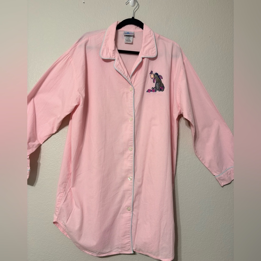 Disneyland Resort Pink White Gingham Eeyore Long Sleeve Button Sleep Shirt. XL